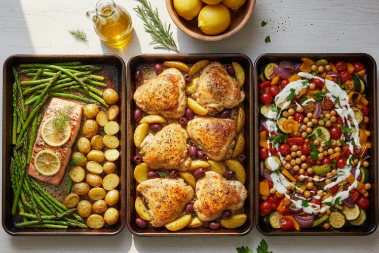 A colorful collection of three healthy Mediterranean diet sheet pan dinners including lemon salmon, Greek chicken, and a roasted chickpea bowl, with olive oil and lemons.
