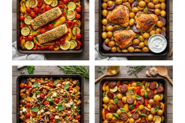 Collage of four Mediterranean diet sheet pan meals: roasted salmon with vegetables, herbed chicken with potatoes, eggplant chickpea bowl, and sausage vegetable bake, arranged on a rustic table with olive oil and herbs.
