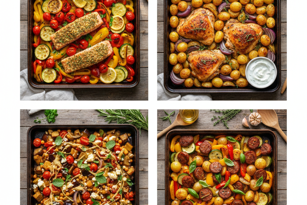 Collage of four Mediterranean diet sheet pan meals: roasted salmon with vegetables, herbed chicken with potatoes, eggplant chickpea bowl, and sausage vegetable bake, arranged on a rustic table with olive oil and herbs.