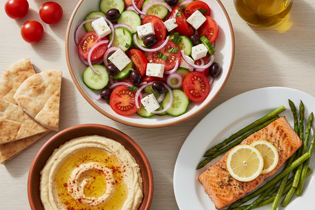 A colorful overhead view of a beginner-friendly Mediterranean diet meal featuring a Greek salad, hummus with pita bread, grilled salmon, and whole food ingredients like lemon and olive oil.