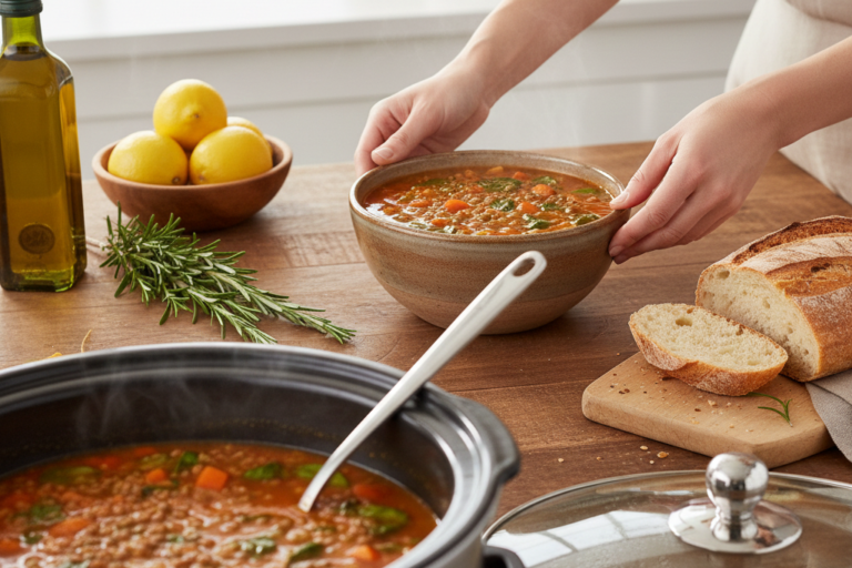 A comforting bowl of Mediterranean lentil soup from a crockpot, served with fresh ingredients like olive oil, lemon, and bread on a wooden table.