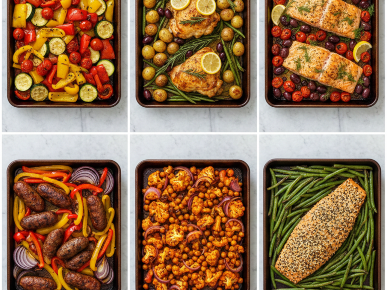 Grid of six different easy sheet pan Mediterranean dinners: roasted vegetables, lemon herb chicken, salmon with tomatoes, sausage and peppers, spiced cauliflower, and everything bagel salmon, all cooked on baking sheets.