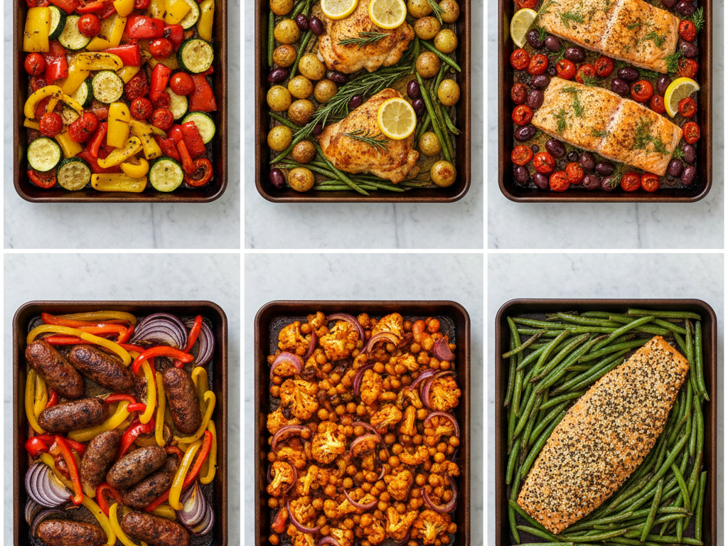 Grid of six different easy sheet pan Mediterranean dinners: roasted vegetables, lemon herb chicken, salmon with tomatoes, sausage and peppers, spiced cauliflower, and everything bagel salmon, all cooked on baking sheets.