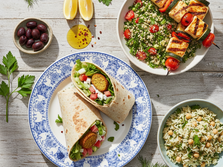 Overhead photo of a vibrant Mediterranean lunch spread featuring a bowl of quinoa tabbouleh with tomatoes and feta, an open chicken shawarma wrap, hummus, grilled halloumi, olives, lemon wedges, and fresh herbs on a rustic table.