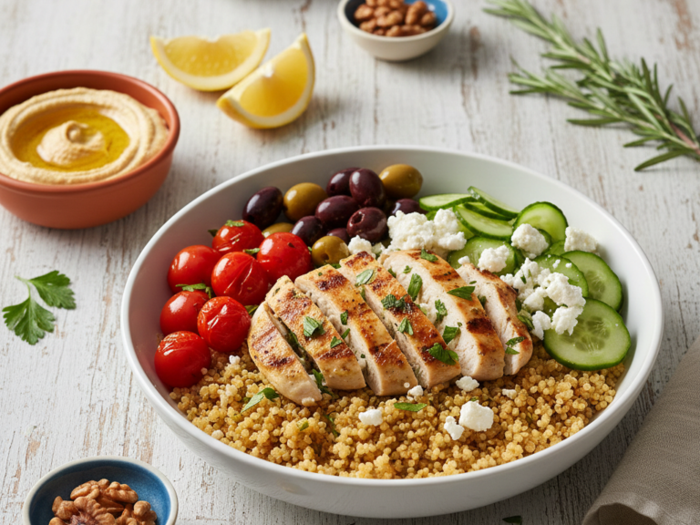 Overhead view of a colorful Mediterranean diet bowl with quinoa, grilled chicken, vegetables, feta cheese, and olives, featuring hummus and lemon on the side