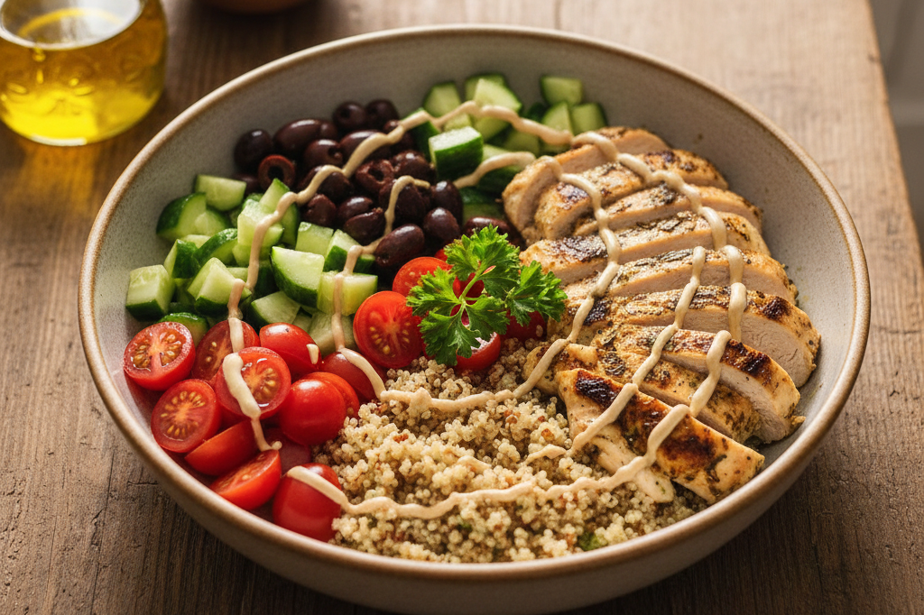 A vibrant overhead shot of a Mediterranean chicken grain bowl with lemon, tomatoes, cucumbers, and olives, representing quick and healthy weeknight meals.