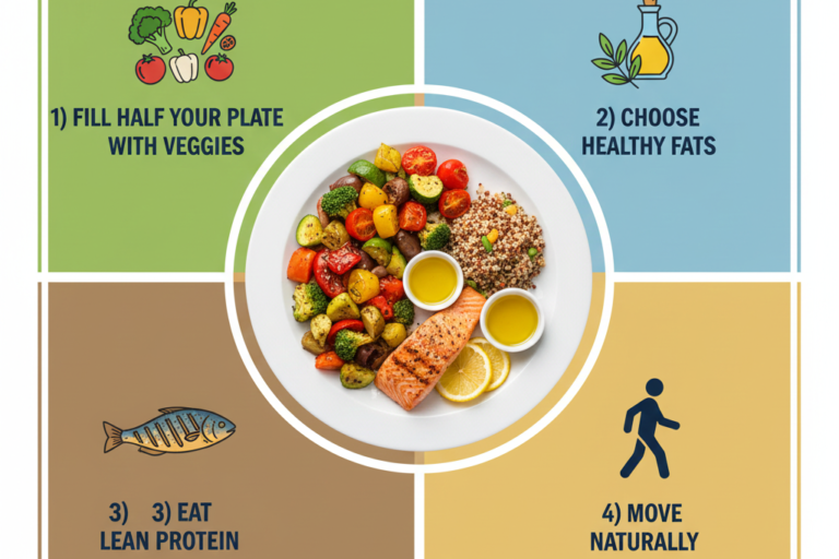 Infographic showing four key steps for Mediterranean diet weight loss with visual icons and a sample healthy meal.