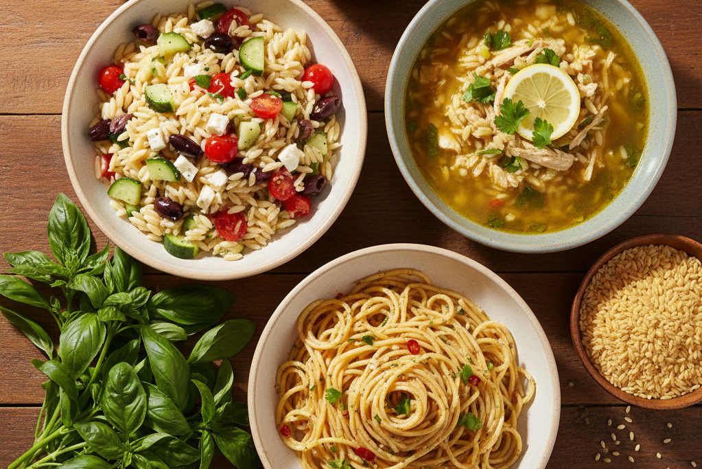 A vibrant flat-lay of three Mediterranean pasta dishes: Greek orzo salad, lemon chicken orzo soup, and garlic spaghetti, with olive oil and fresh herbs.
