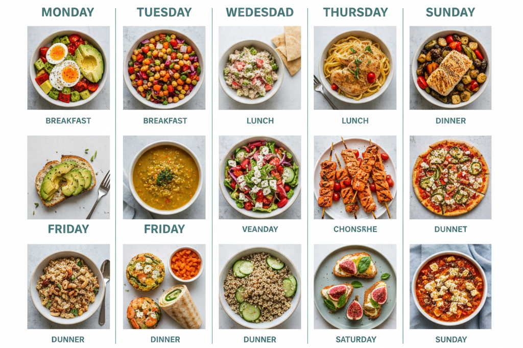 Weekly Mediterranean diet meal plan collage showing breakfast, lunch, and dinner ideas for each day of the week with colorful, healthy foods.
