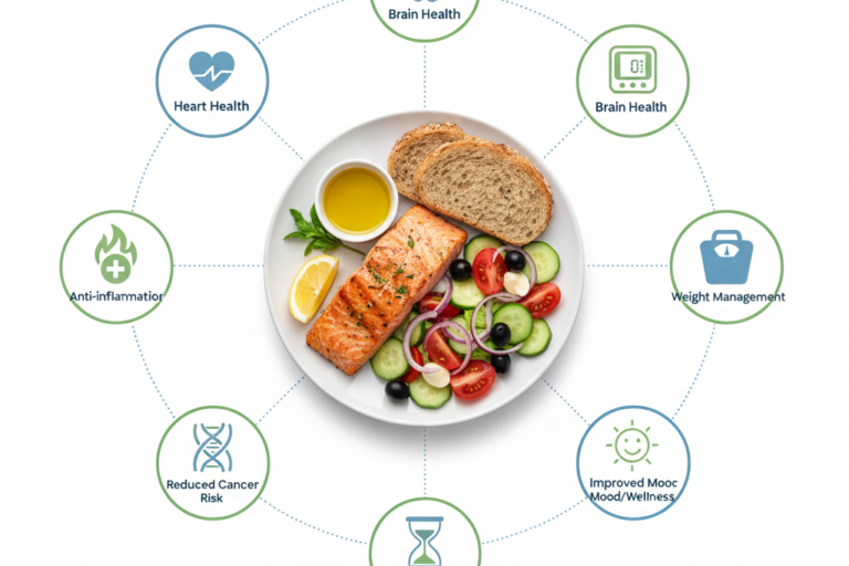 Infographic collage showing eight health benefits of the Mediterranean diet surrounding a healthy Mediterranean meal with salmon and salad.