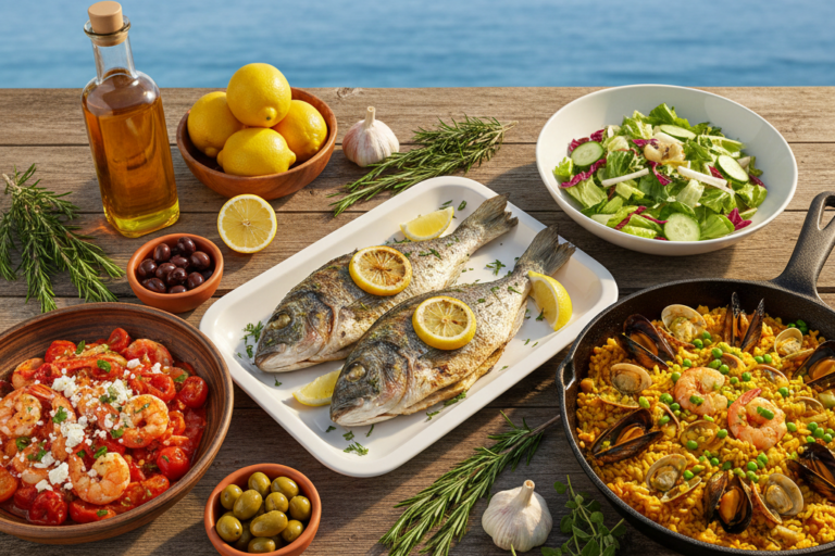 A colorful overhead shot of a complete Mediterranean seafood meal on a rustic table, featuring grilled fish, shrimp saganaki, paella, and fresh ingredients, representing the ease and flavor of homemade recipes.