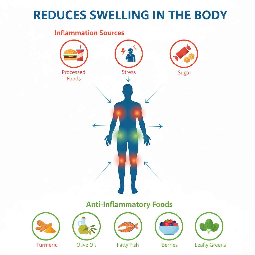 Anti-inflammatory infographic illustrating how Mediterranean foods like turmeric and olive oil reduce chronic inflammation in the body.