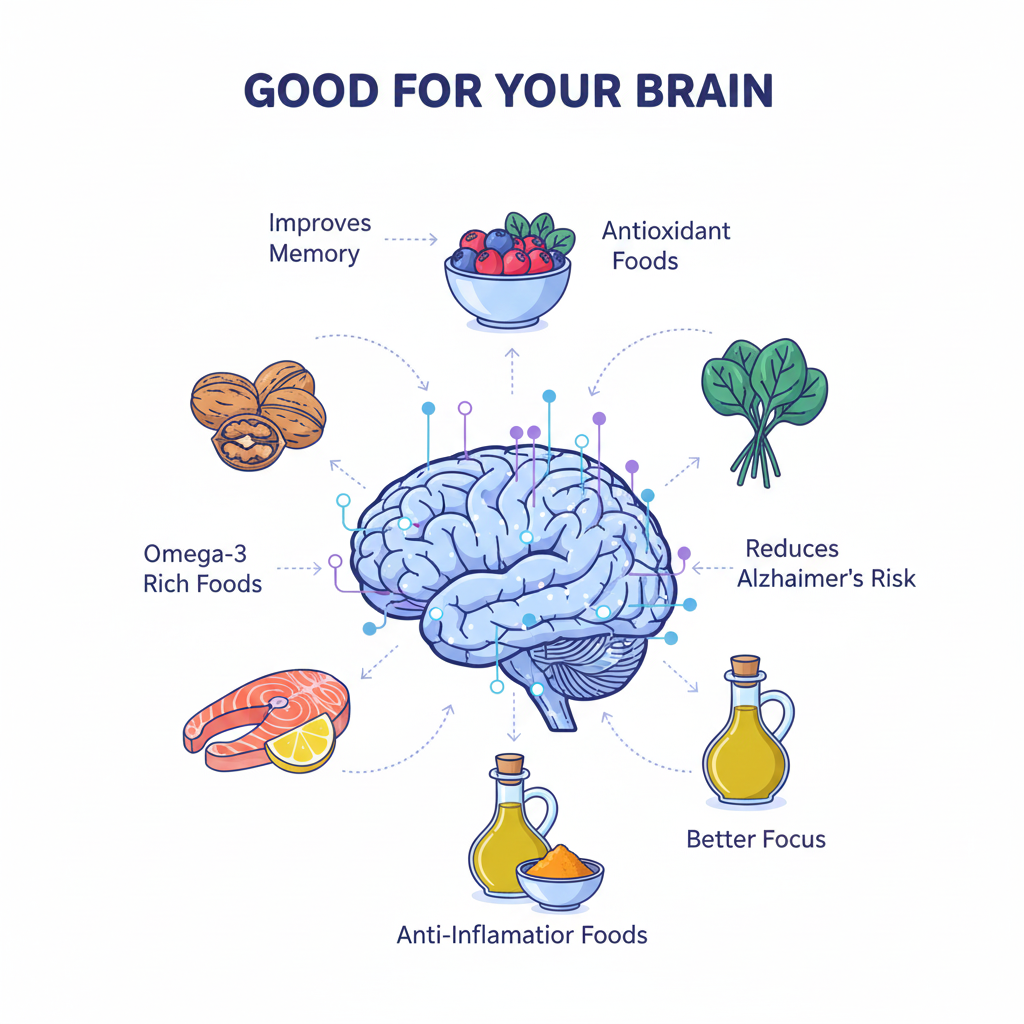 Brain health illustration demonstrating how omega-3 foods like walnuts and salmon support cognitive function and may reduce Alzheimer's risk.