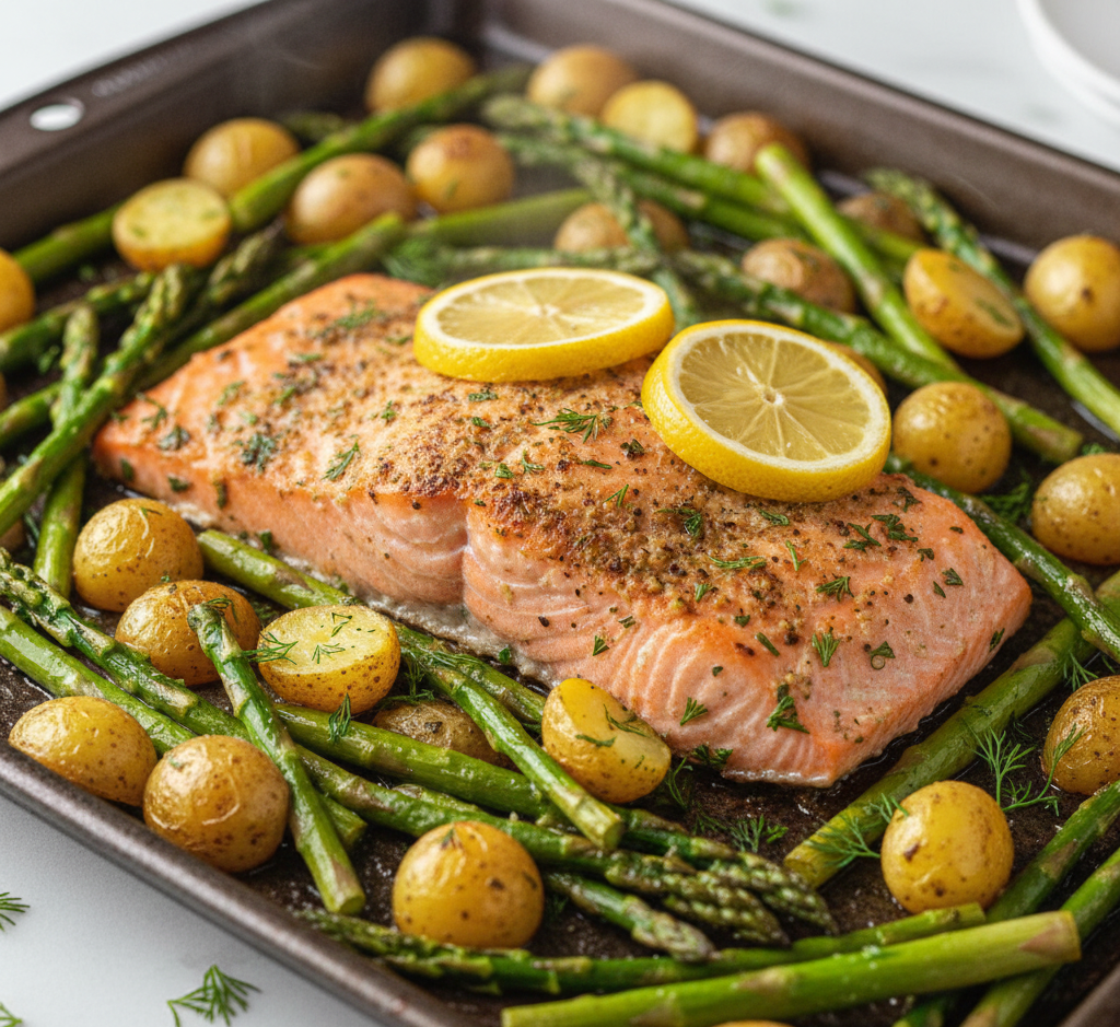 Easy sheet pan lemon herb salmon with roasted asparagus and baby potatoes, a healthy Mediterranean diet dinner.