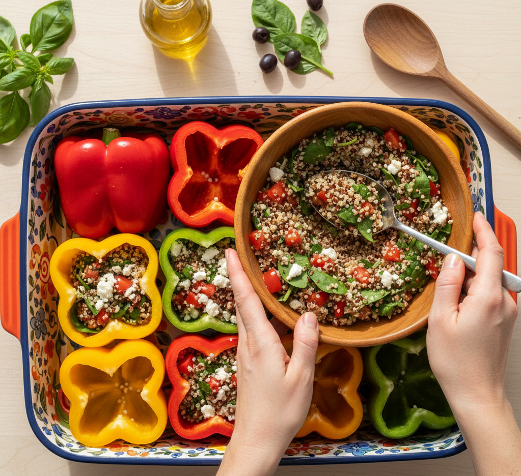Colorful Mediterranean stuffed bell peppers with quinoa and vegetables, a healthy vegetarian sheet pan meal.