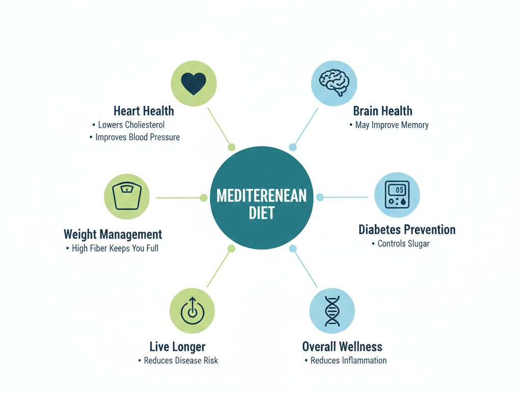 Six health benefits of Mediterranean diet illustrated: heart health benefits including lower cholesterol, brain health and memory support, healthy weight management, diabetes prevention, longer lifespan, and reduced inflammation.