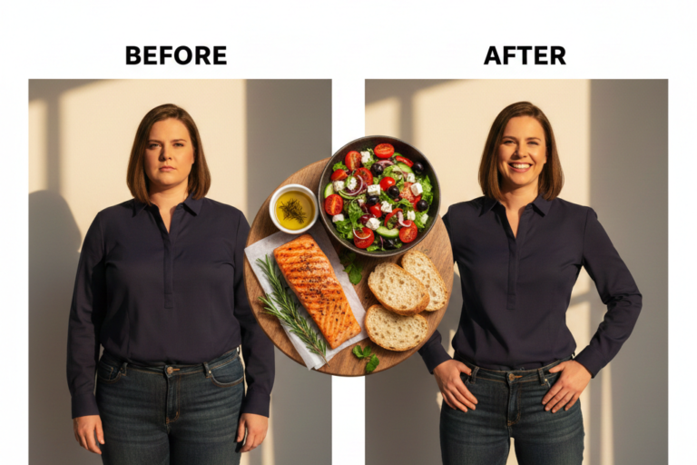 Side-by-side before-and-after transformation showing a person who lost 50 pounds with the Mediterranean diet, with a vibrant Mediterranean meal in the center including grilled salmon, Greek salad, olive oil, and whole-grain bread.