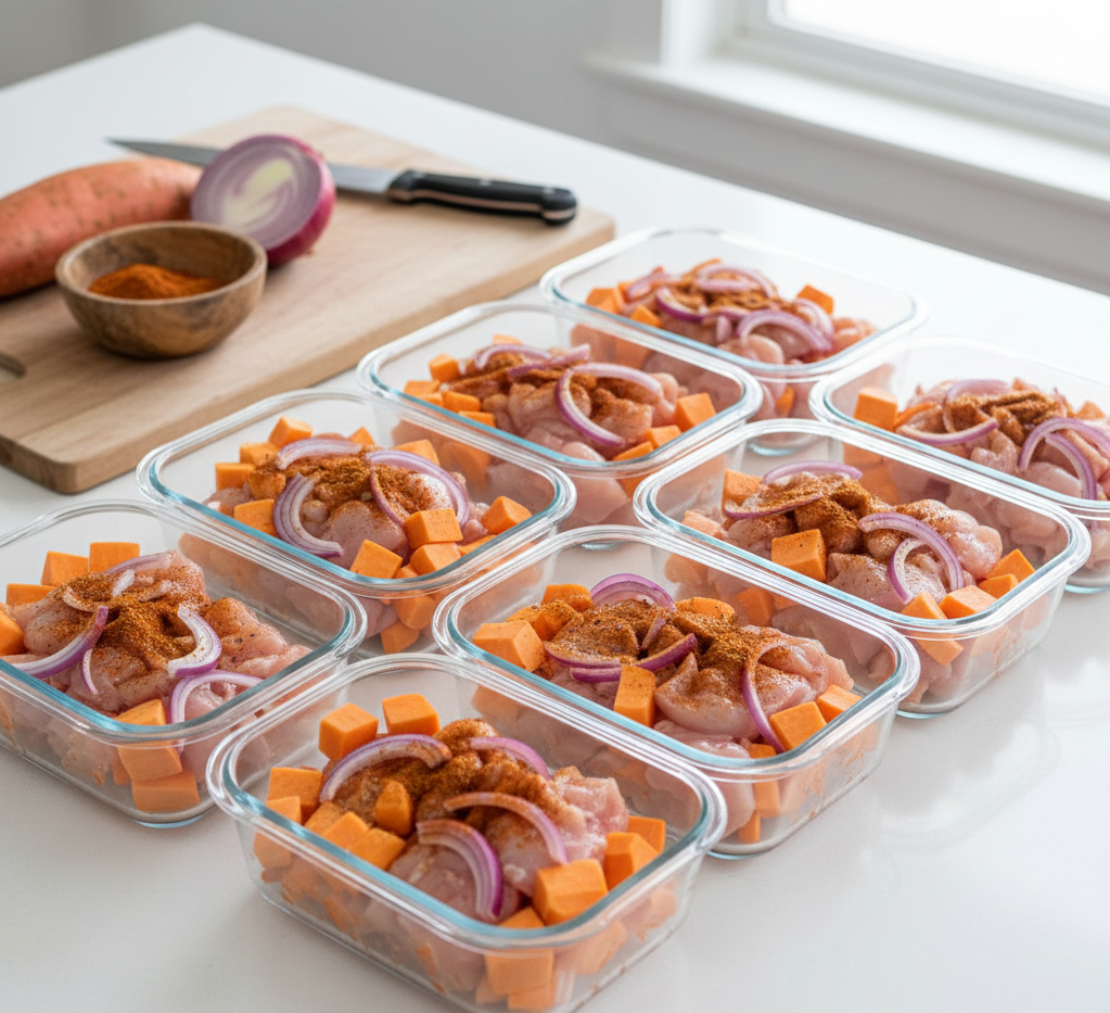 Meal prep containers with pre-chopped ingredients for a Moroccan-spiced chicken sheet pan dinner, ready for the oven.