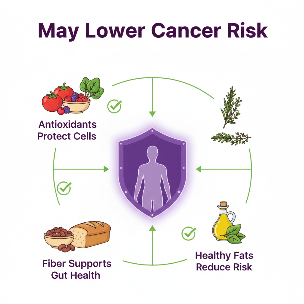 Cancer prevention graphic showing how antioxidant-rich Mediterranean foods may lower cancer risk through cellular protection.