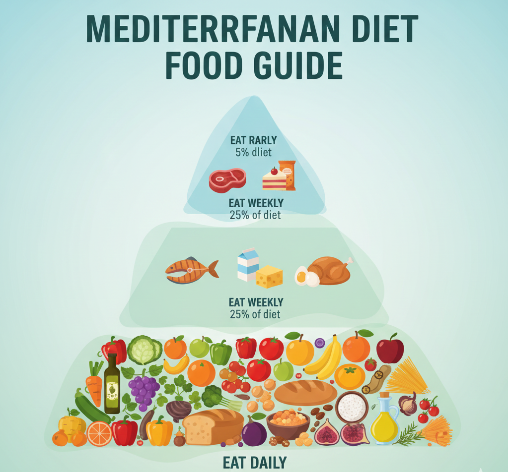  Complete Mediterranean diet food pyramid illustration showing three levels: daily foods at the base (vegetables, fruits, grains, legumes, nuts, olive oil), weekly foods in the middle (fish, poultry, dairy), and rare foods at the top (red meat, sweets, processed foods).