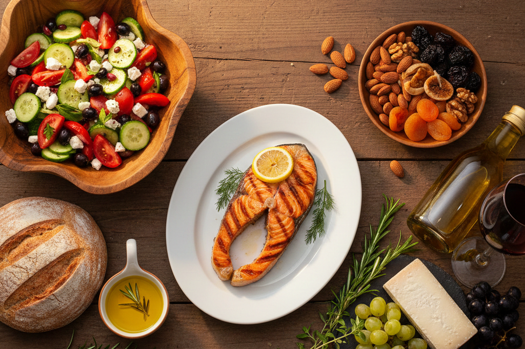 Colorful overhead view of a Mediterranean diet meal featuring a fresh vegetable salad with tomatoes and cucumbers, whole grain bread with olive oil, grilled salmon with lemon, assorted nuts, and a bottle of extra virgin olive oil arranged on a rustic wooden table.