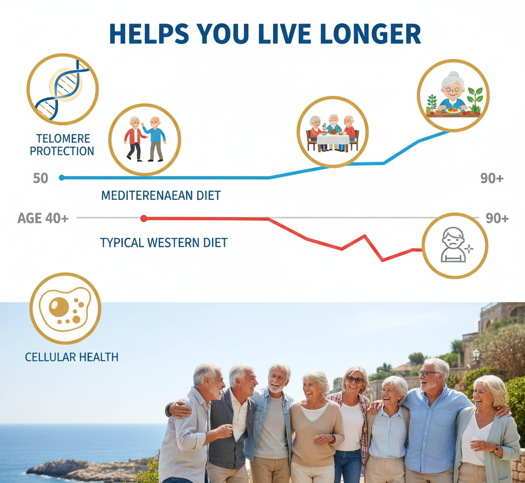 Longevity timeline infographic demonstrating how Mediterranean eating patterns contribute to longer, healthier lifespan.