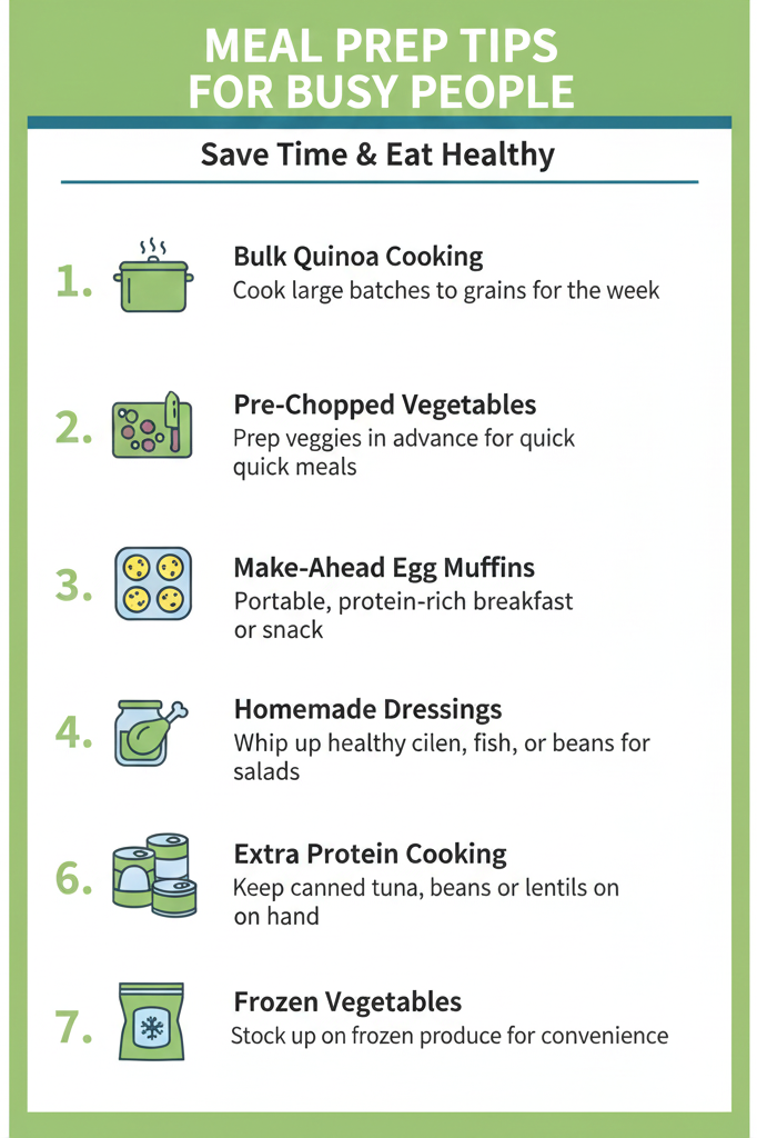 Infographic showing seven time-saving meal prep tips for Mediterranean diet including batch cooking and vegetable preparation.