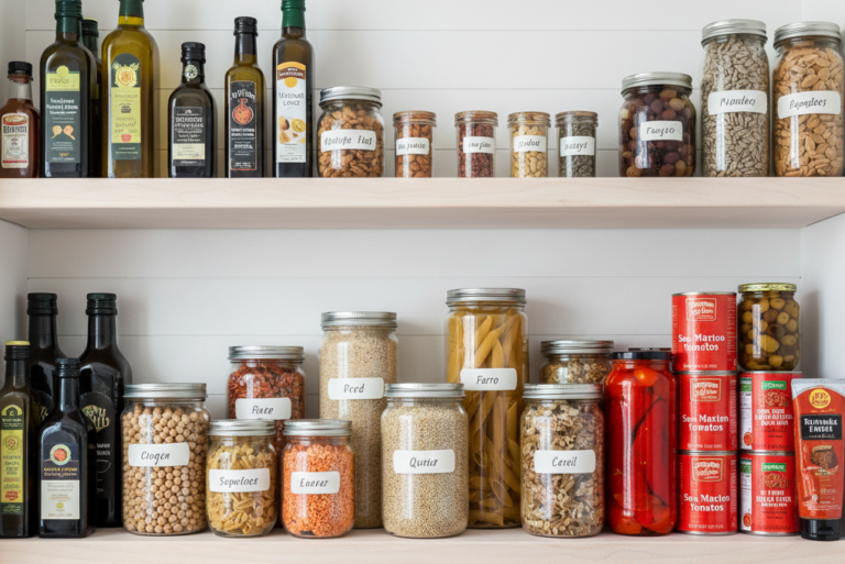 Beautifully organized Mediterranean pantry with clear containers of chickpeas, lentils, whole grains, olive oil bottles, canned tomatoes, olives, and spices showing essential ingredients for healthy cooking.