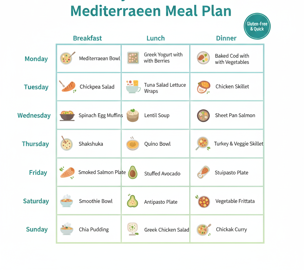 Organized 7-day meal plan calendar showing Mediterranean breakfast, lunch, and dinner options for each day with quick preparation times.