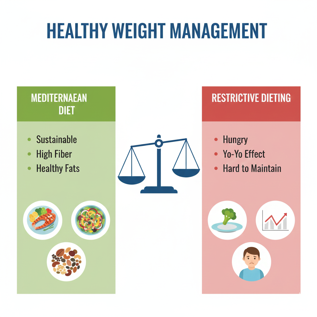 Weight management comparison showing Mediterranean diet's sustainable approach versus restrictive dieting methods.