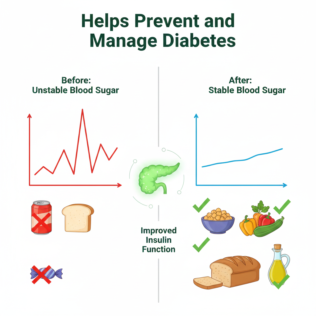 Blood sugar control infographic comparing Mediterranean diet foods that stabilize glucose levels versus foods that cause spikes.