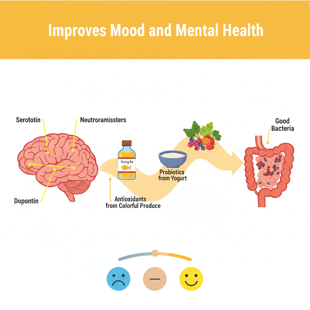 Mood and mental health infographic showing gut-brain connection and how Mediterranean foods support emotional wellbeing.