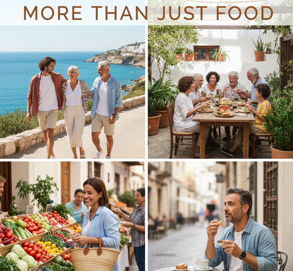 Mediterranean lifestyle illustration showing four aspects beyond food: physical activity like walking, social eating with family and friends, shopping for fresh seasonal ingredients, and mindful enjoyment of meals.