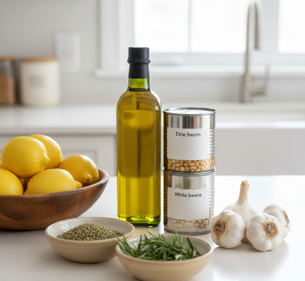 Essential Mediterranean diet ingredients for sheet pan cooking: olive oil, canned beans, lemons, garlic, and dried herbs.