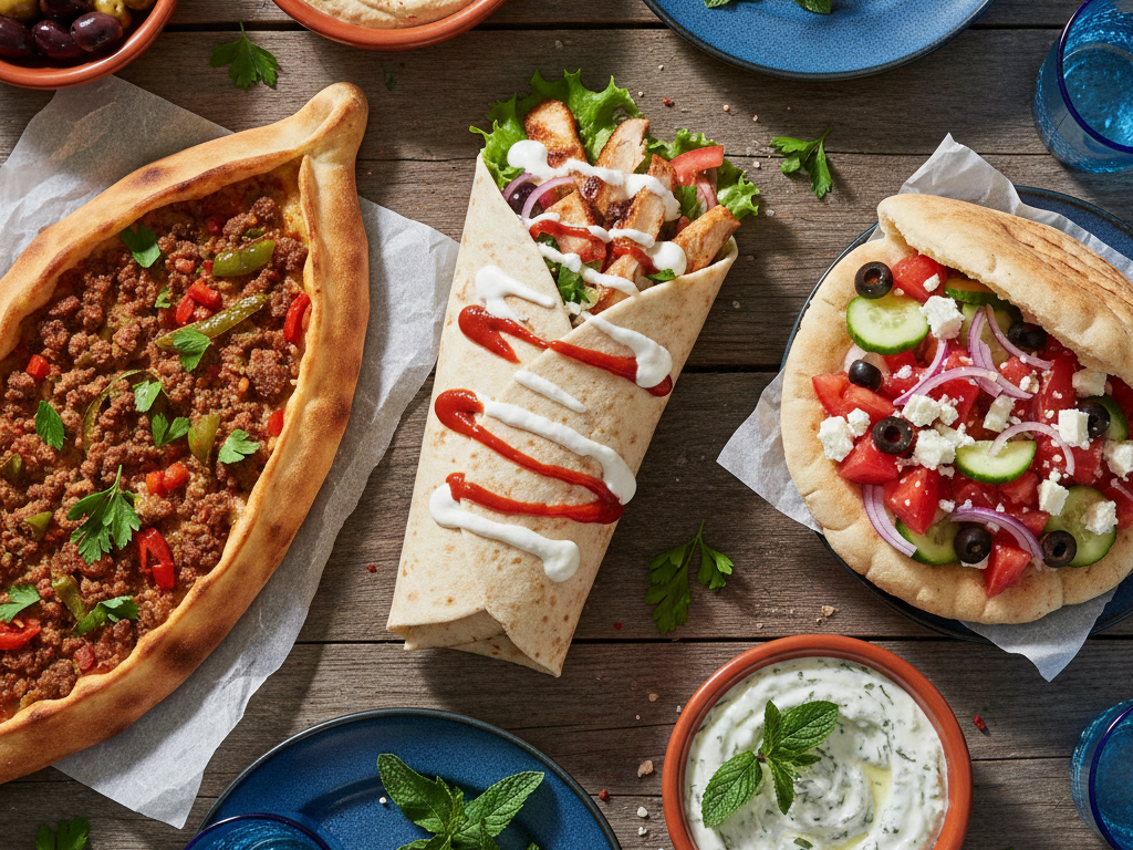 Overhead view of three Mediterranean dishes: chicken shawarma wrap, Greek salad pita, and Turkish meat pide flatbread with hummus and olives on rustic table