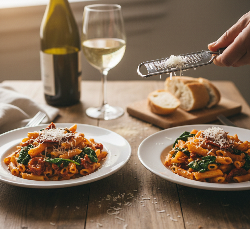 Serving creamy sun-dried tomato and spinach pasta, garnished with freshly grated Parmesan cheese.