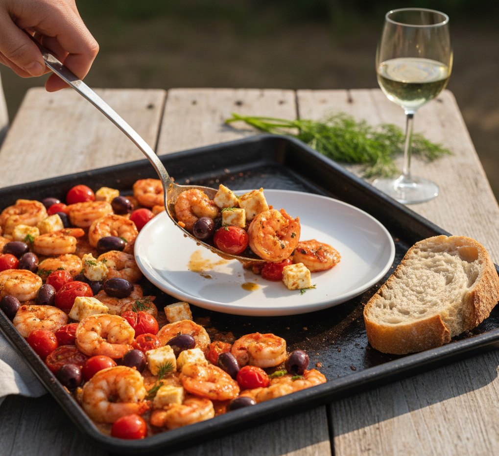 Serving delicious Greek-style sheet pan shrimp with tomatoes, olives, and feta cheese onto a dinner plate.