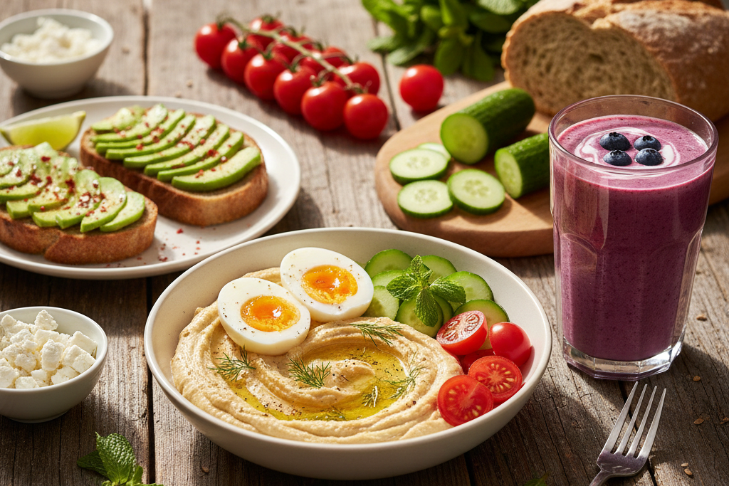 Overhead view of a healthy Mediterranean breakfast featuring a savory bowl with soft-boiled eggs, hummus, and avocado, alongside avocado toast and a berry smoothie on a rustic wooden table in warm morning sunlight.