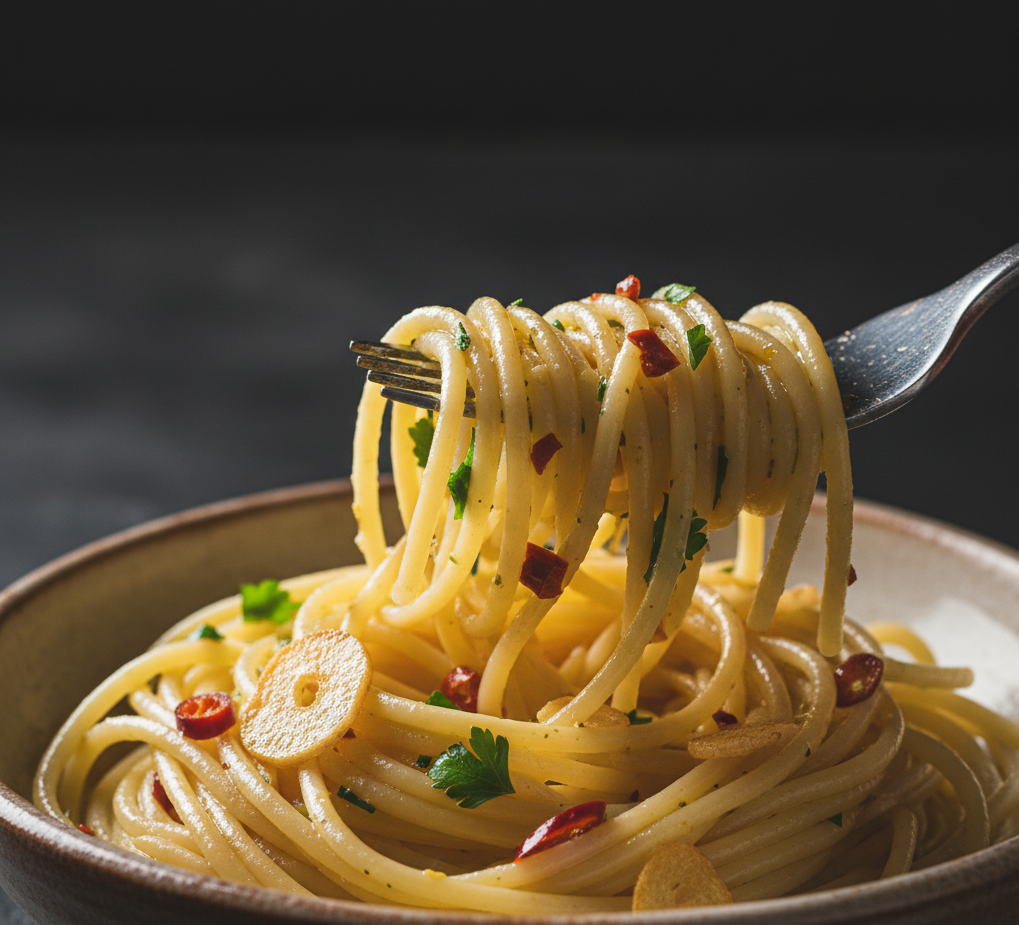 Close-up of classic Italian spaghetti aglio e olio with garlic, olive oil, and parsley.