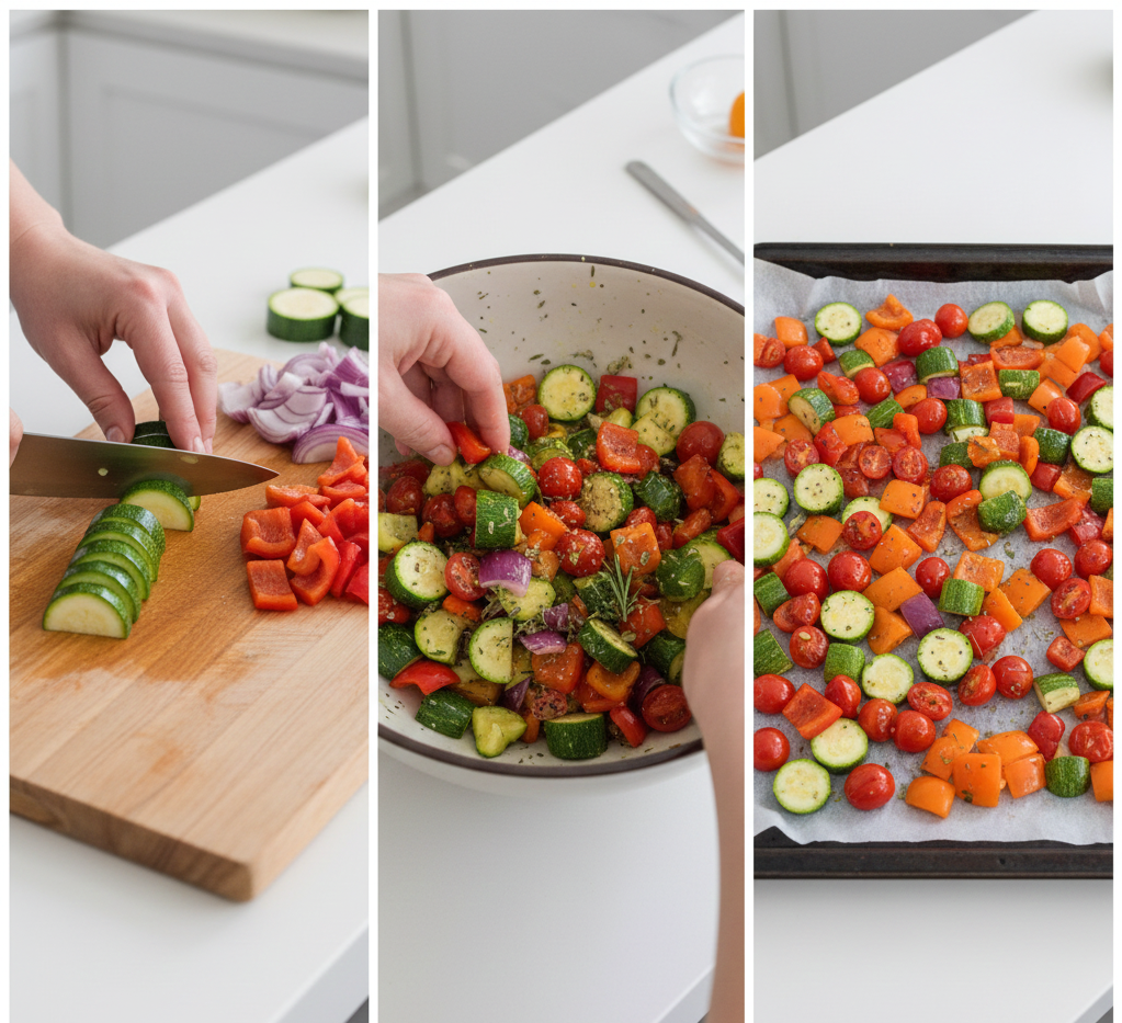 Step-by-step guide to sheet pan prep: chopping vegetables evenly, tossing them with oil in a bowl, and spreading them in one layer on a pan.