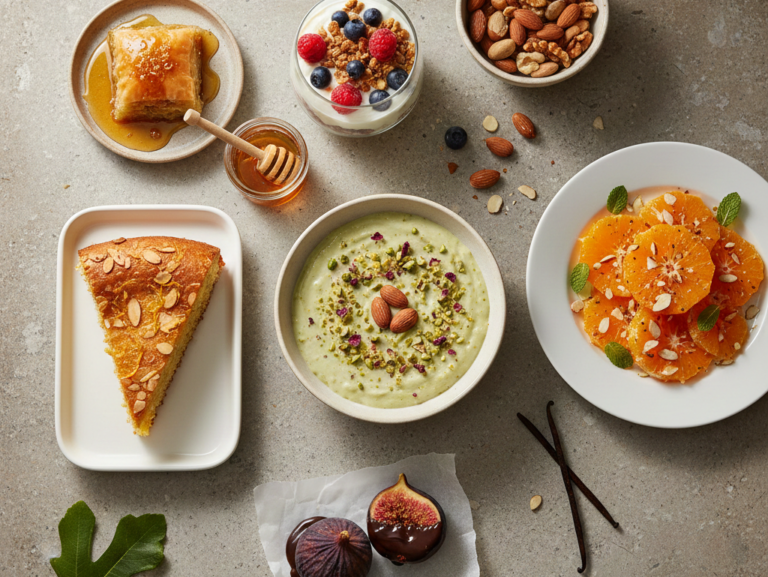 Overhead view of healthy Mediterranean desserts on a stone table, including baklava, a yogurt berry parfait, almond orange cake, pistachio pudding, orange almond salad, and chocolate-dipped figs, styled with honey and nuts.