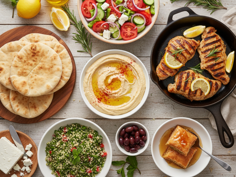 Overhead view of a vibrant Mediterranean meal spread featuring hummus, Greek salad, lemon herb grilled chicken, quinoa tabbouleh, pita bread, and baklava, styled with olives, feta cheese, lemons, and herbs on a rustic table.