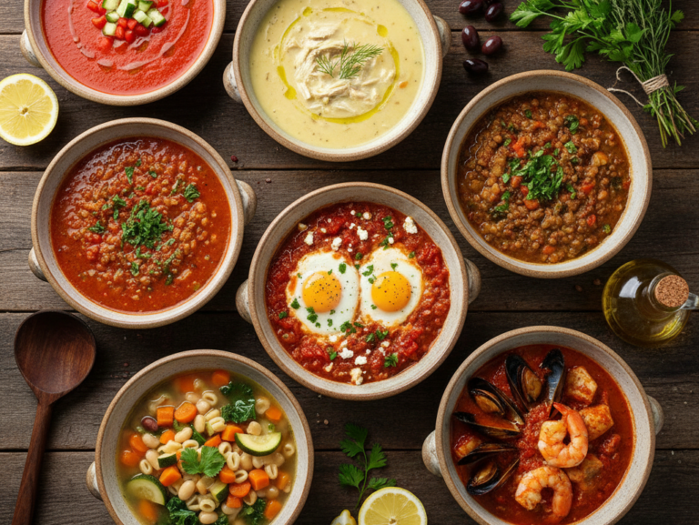 Overhead view of different Mediterranean soups and stews in rustic bowls, including gazpacho, lemony chicken soup, lentil harira, shakshuka with eggs, minestrone, and seafood cioppino, styled on a wooden table with herbs and lemons.