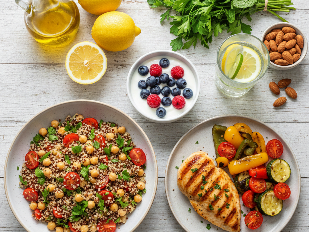 Overhead view of a balanced Mediterranean diet meal for weight loss, featuring a quinoa chickpea salad, grilled lemon chicken with vegetables, Greek yogurt with berries, and infused water, styled with olive oil and fresh lemons.