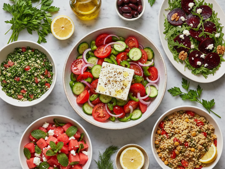 Overhead view of vibrant Mediterranean salads including a Greek salad, parsley tabbouleh, watermelon feta salad, roasted beet and goat cheese salad, couscous salad, and white bean tuna salad, styled with olive oil, lemons, and fresh herbs.