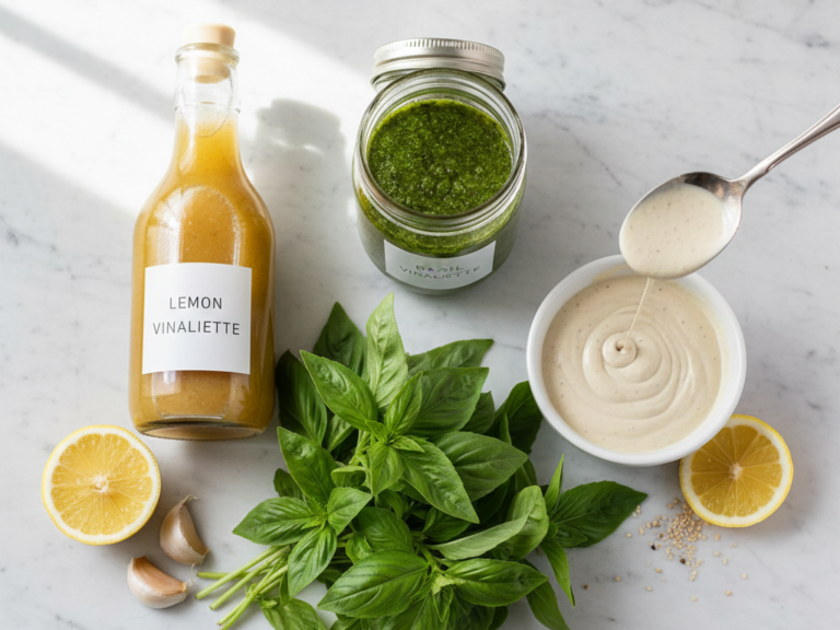 Three homemade healthy salad dressings in jars: lemon vinaigrette, basil vinaigrette, and tahini sauce with fresh ingredients.