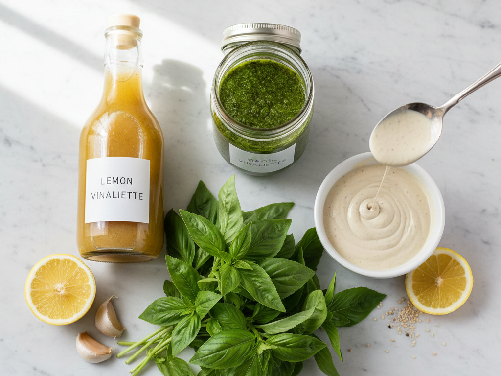 Three homemade healthy salad dressings in jars: lemon vinaigrette, basil vinaigrette, and tahini sauce with fresh ingredients.