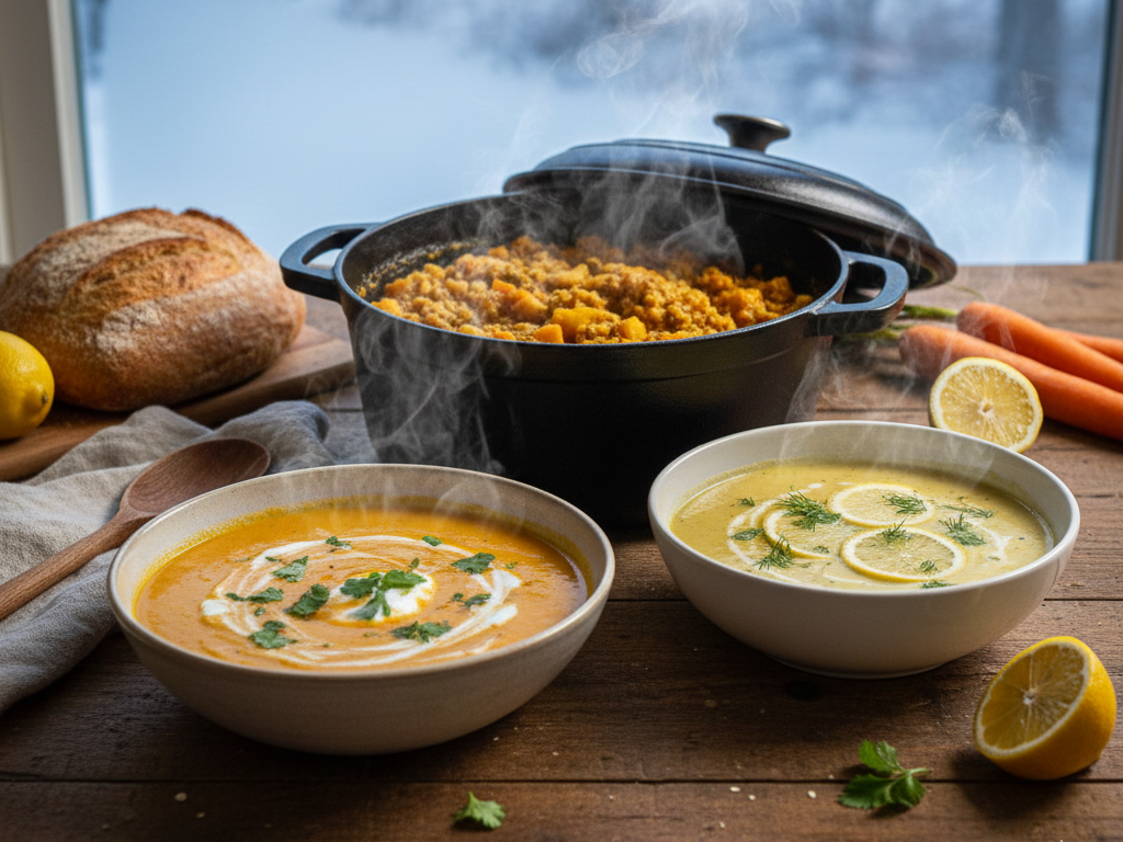 A cozy kitchen scene featuring three steaming Mediterranean one-pot meals: carrot ginger soup, cauliflower chickpea stew, and lemon chicken soup, with crusty bread on a rustic table.