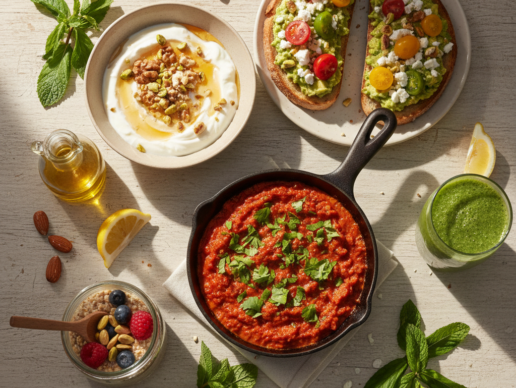 Overhead view of a vibrant Mediterranean breakfast spread featuring shakshuka in a skillet, Greek yogurt with honey, avocado toast, overnight oats, and a green smoothie with fresh herbs and lemons