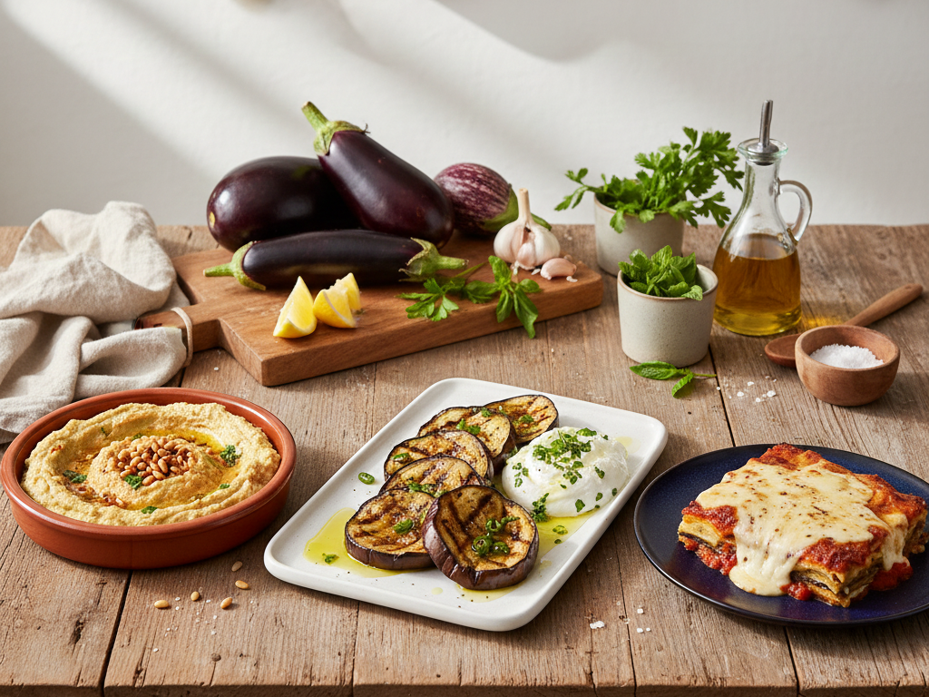 Three delicious eggplant dishes on a rustic table: grilled eggplant slices with whipped feta, creamy baba ganoush dip with pine nuts, and baked eggplant Parmesan, surrounded by fresh eggplants, herbs, and olive oil